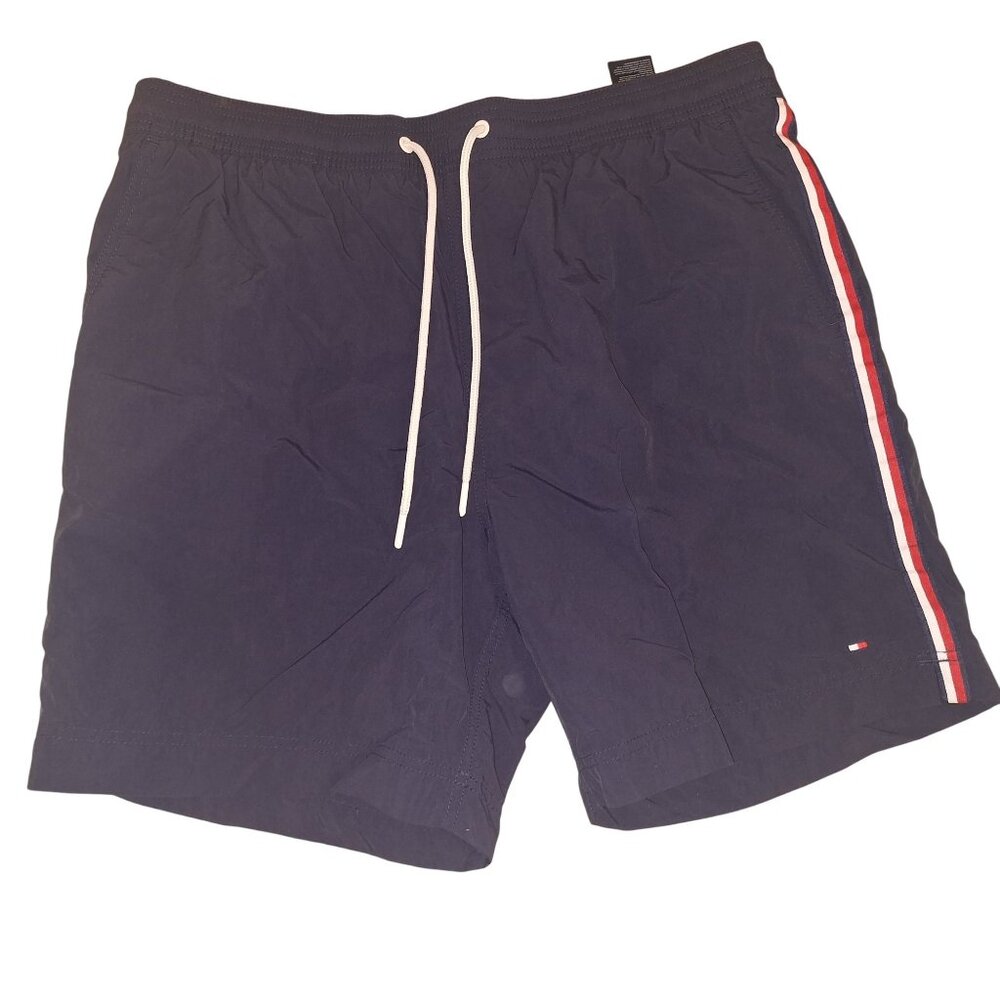 Tommy Hilfiger Mens Navy Swim Trunks Mesh Lining XL Red & White Stripe Y2K
